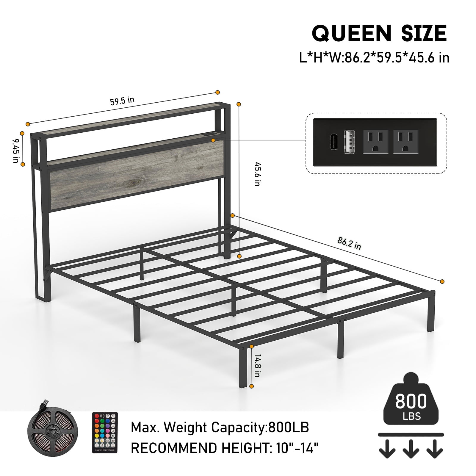 Leumius Queen Size Bed Frame with Headboard, Platform Bed with RGB LED Light & Charging Station & Under Bed Storage Space, Easy Assembly, Gray