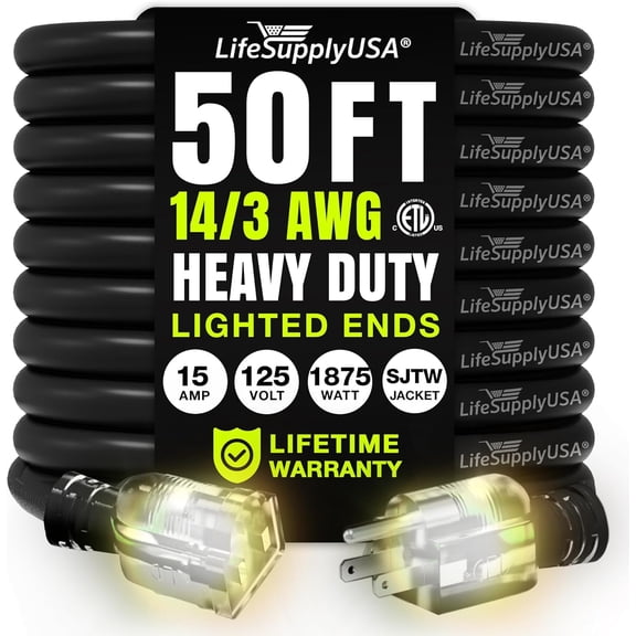 50ft Outdoor/Indoor Extension Cord 14/3 Gauge Heavy Duty 3 Prong SJTW, Waterproof, ETL Listed, Flexible Cold-Resistant Long Power Cord,125 Amp 1875W, Black by LifeSupplyUSA