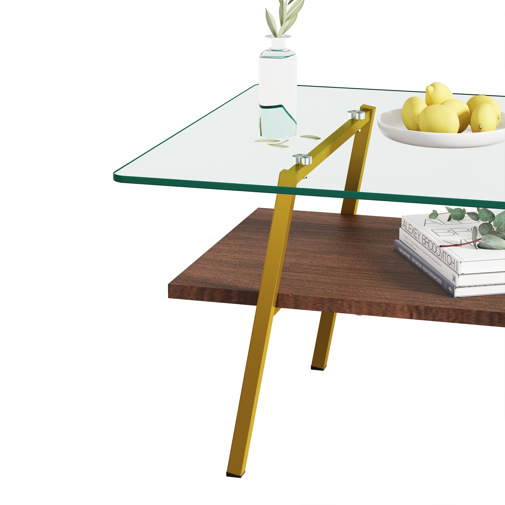 Miniyam Modern Glass Coffee Table for Living Room with Tempered Glass Top, MDF Storage Shelf and Metal Legs, Clear&Gold