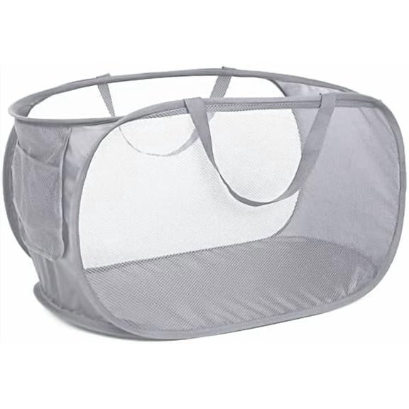 Durable Collapsible Laundry Baskets, Mesh Pop Up Laundry Hamper with Side Pocket, Foldable Clothes Storage Hamper with Reinforced Carry Handles for Laundry, Bathroom,  Dorm or Travel Grey