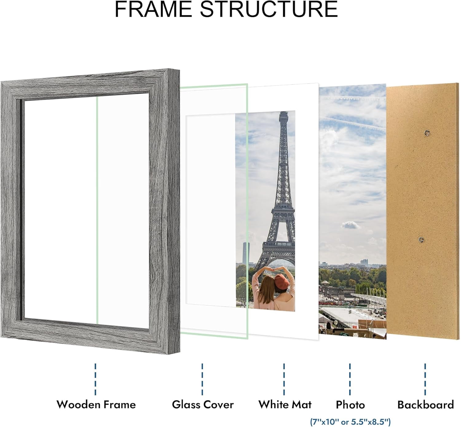7x10 Picture Frame Set of 2, Made of Real Glass and Grey Wooden Frame - Display 5.5 x 8.5 Diploma Frame with Mat or 7x10 Without Mat, 7 by 10 Photo for Wall or Tabletop
