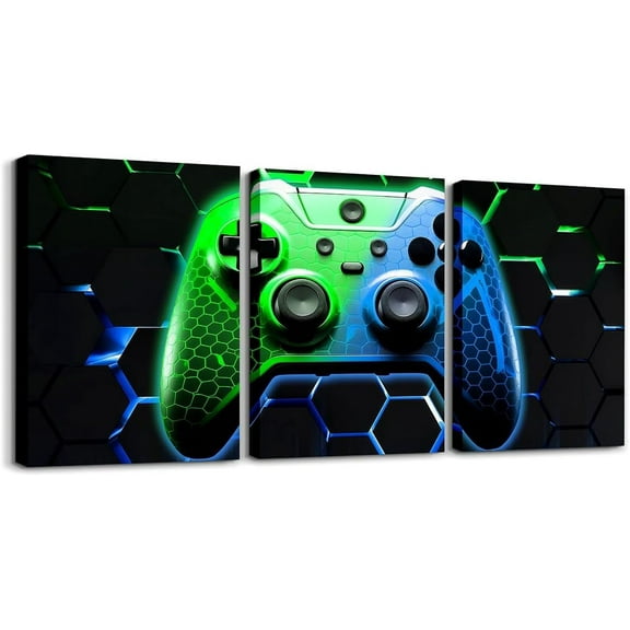 Hieng Green Gamer Canvas Wall Hieng Geometric Games Controller Wall Decor Prints Home Hiengwork for Living Room Bedroom, Video Gaming Wall Painting Posters, Kids Boys Girls Room Decor
