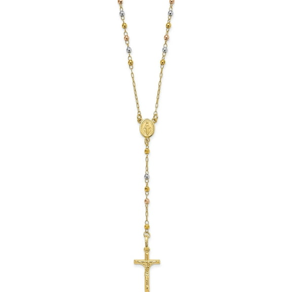 14K Tri-Color Polished Faceted Beads Rosary Necklace (24 X 11) Made In Dominican Republic sf2964-24
