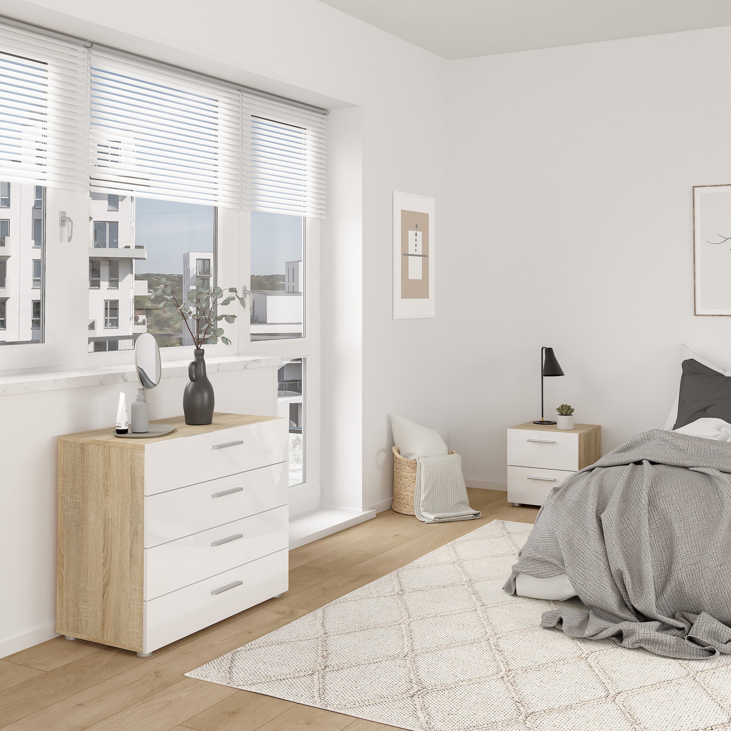 Tvilum Loft 3-Piece Bedroom Set with Chest and Nightstands, Oak/White High Gloss