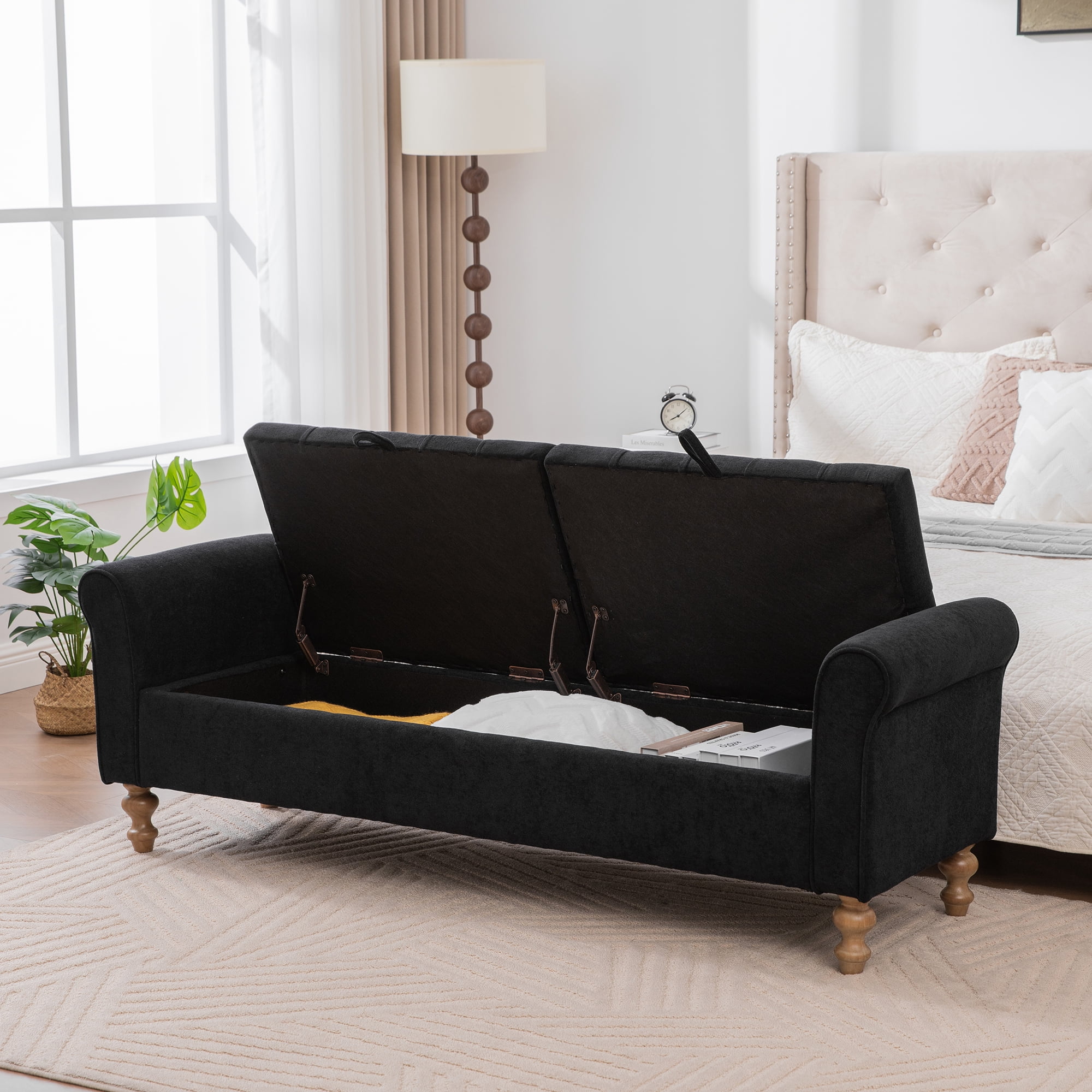 65.75" Wide Modern Upholstered Storage Bench With Double Lids