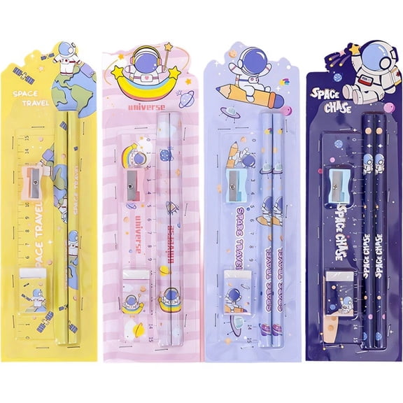 4 Sets Cute Astronaut Stationery Set Including Pencils Eraser Ruler Sharpeners for Party Favors