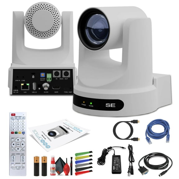 PTZOptics Move SE SDI/HDMI/USB/IP PTZ Camera with 20x Optical Zoom (White)   Lens Cleaning Kit   Cables and More