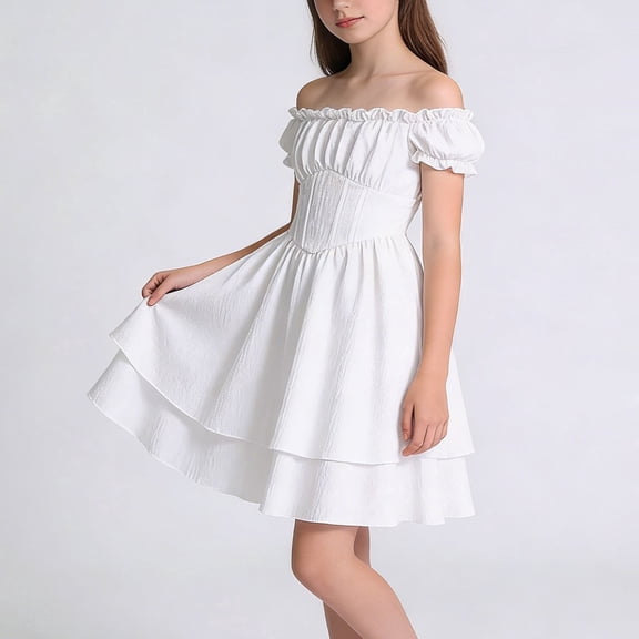 Girls Off The Shoulder Dress Puff Sleeve Tiered Party Dress for Kids 8-13 Corset Waist Ruffle White,Size 12-13 T