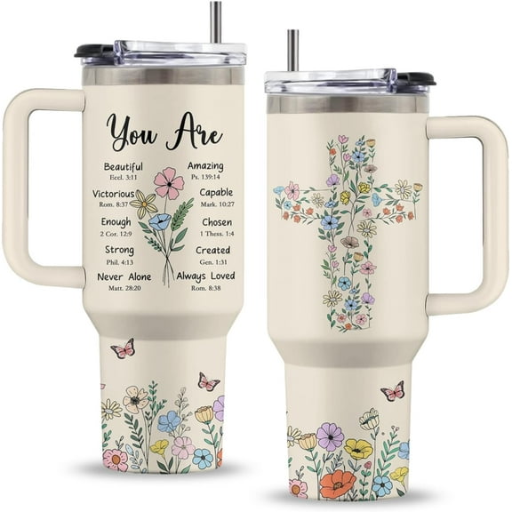 Christian Gifts for Women, 40 Oz You Are Tumbler with Handle & Straw, Religious Faith Inspirational Bible Verses Gift for Women, Stainless Steel Christian Tumbler, Gifts for Mothers Day