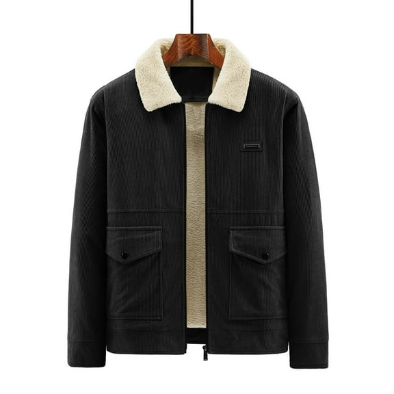 Maqroz Mens Corduroy Jacket Fleece Lined Trucker Jackets Zip Up Turndown Coat with Pockets Plus Size Warm Coats Stylish Solid Color Winter Outerwear