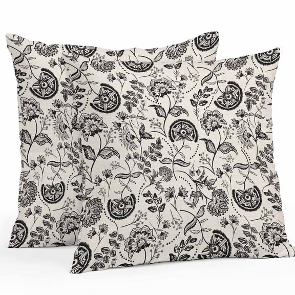 Farmhouse Black Floral Outdoor Pillow Covers Pack of 2 Linen Boho Flower Rustic Country Waterproof Throw Pillow Covers Decorative Cushion Cases for Patio Garden Tent Balcony Couch 16x16 inch