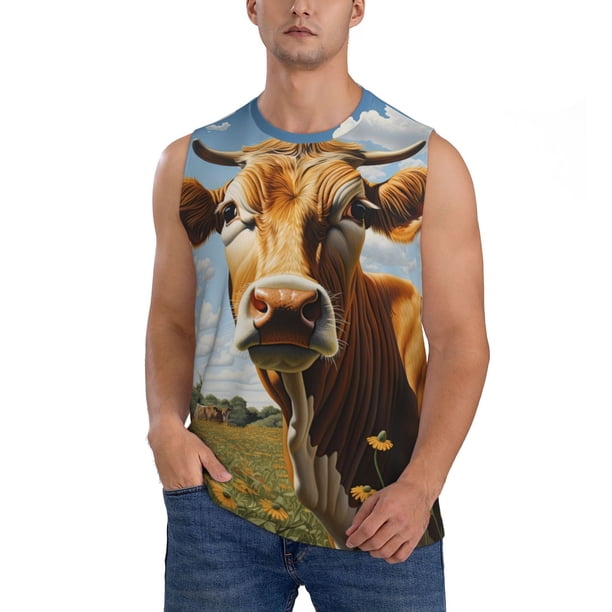 Fotbe Daisy Flower Field Cow Men's Camiseta sin Mangas Estampada para Hombres, Playera Casual para Gimnasio, Entrenamiento, Playa-Medium