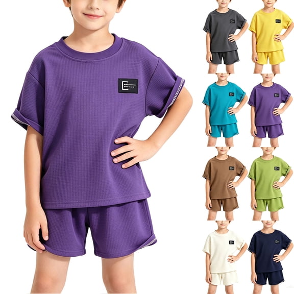 WAVSUF Outfit Sets for Boys Crew Neck Short Sleeve Tee and Shorts Elastic Waist Comfort Soft Summer Trendy Daily Clothes 2 Piece Purple Size 5t