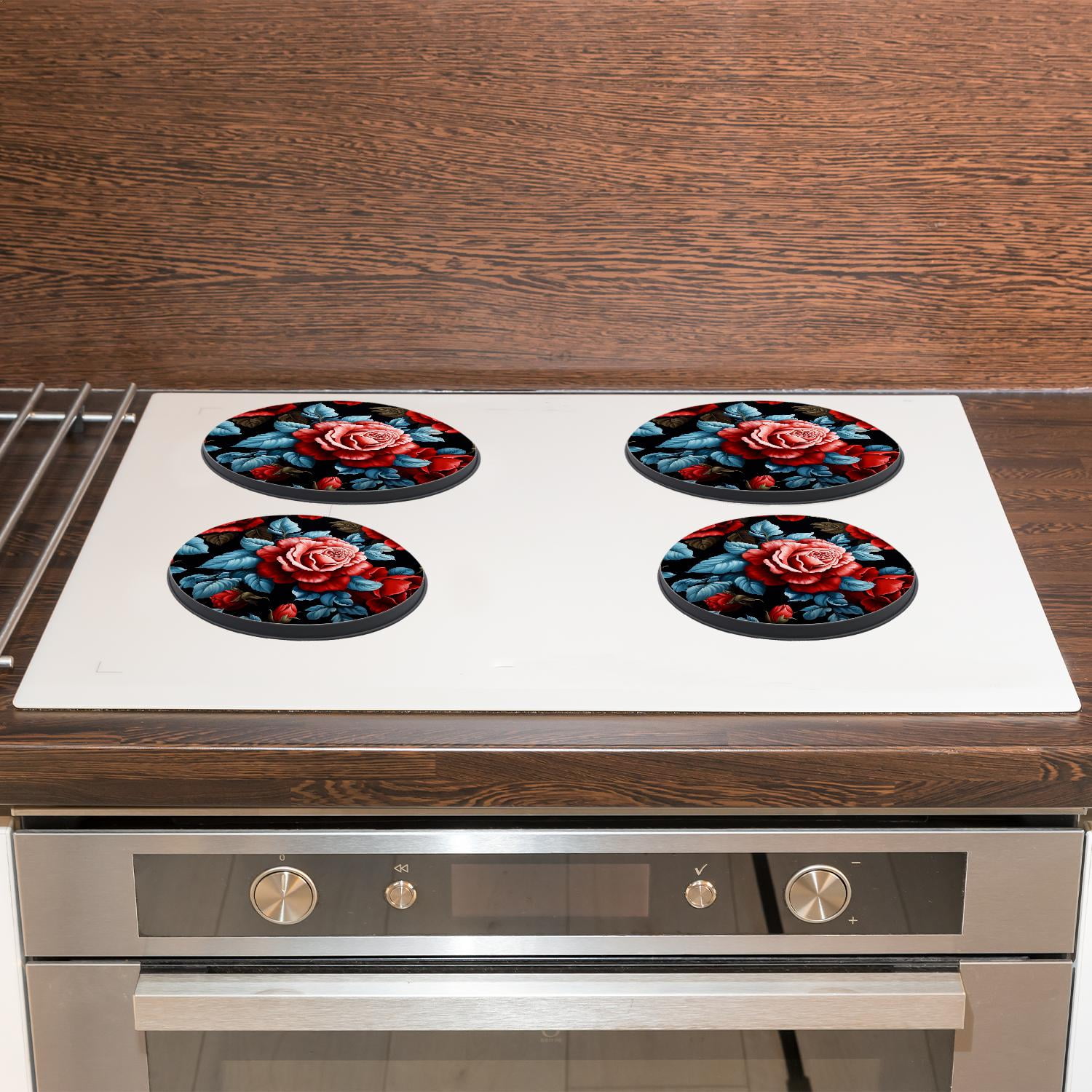 Metal Stove Burner Covers 4 Pcs Decorative Gas Stove Burner Cover 8Inch And 10Inch ,Vintage Floral Red Roses Flowers Cute, for Home Decor Cooktop Decorative