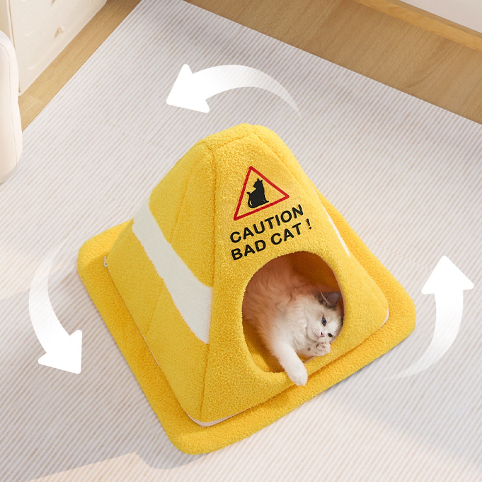 Funny Caution Bad Cat Bed, 2026 Cute Soft Fleece Cozy Zipper Pet House with Detachable Inner Padding
