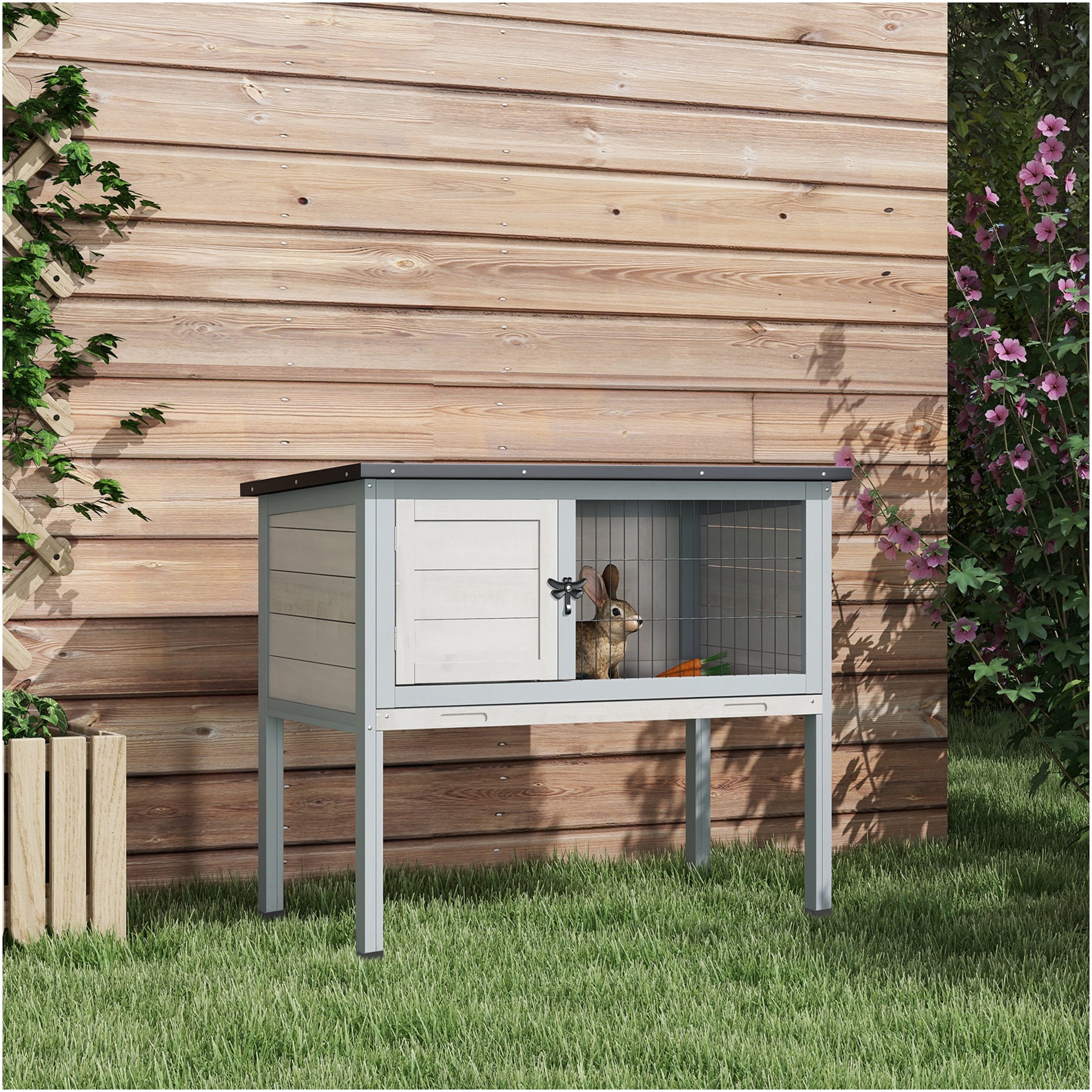 JERFIT Elevated Rabbit Hutch with Removable Tray, Indoor Outdoor Wooden Bunny Cage with Asphalt Roof for Rabbits Guinea Pigs, Gray