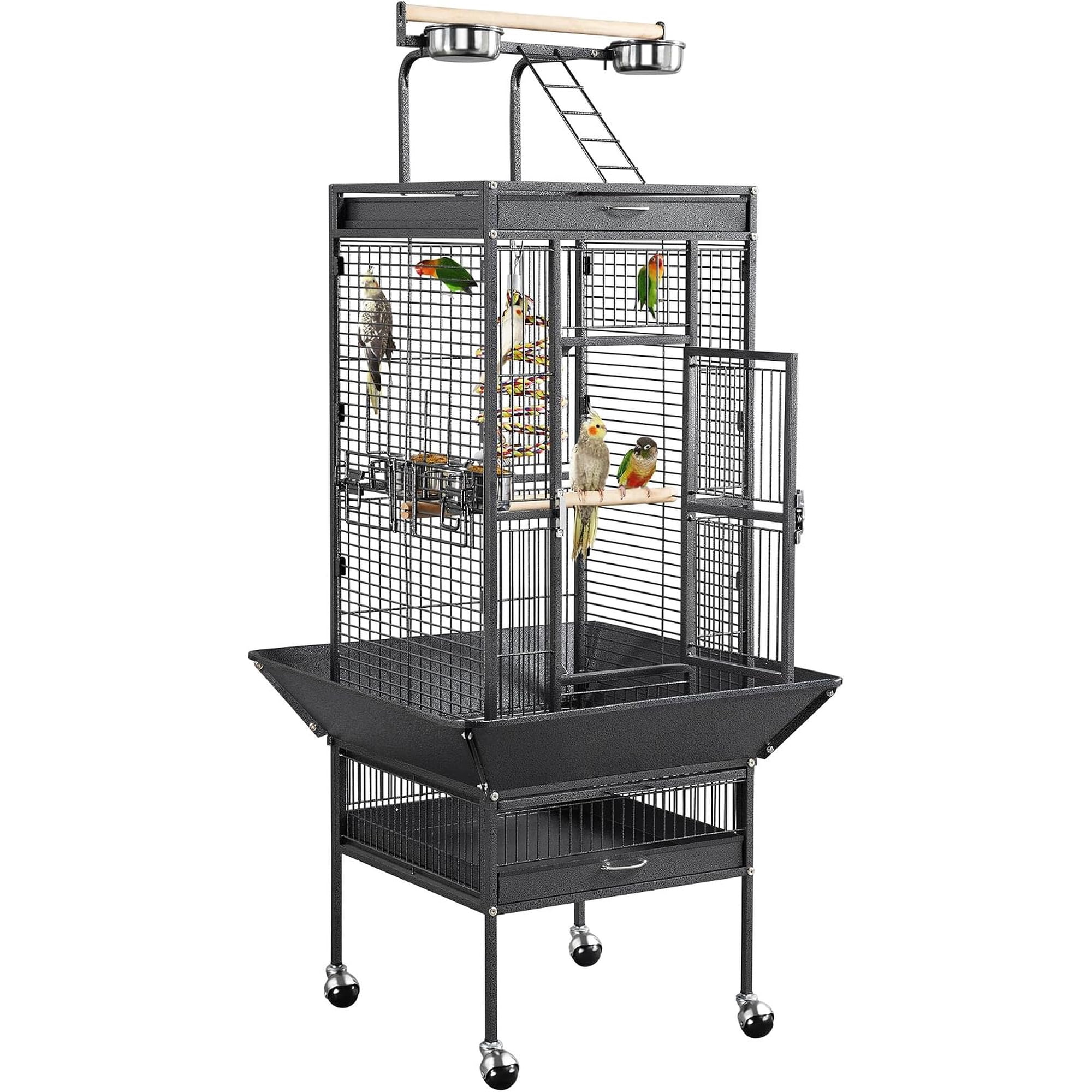 61" Playtop Parrot Bird Cage w/ Rolling Stand, Wrought Iron Cage for Cockatiels Quaker Conure Parakeet Lovebird Finch Canary, Black