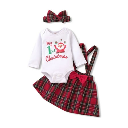 

Glookwis Infant Crew Neck Spring Autumn Outfits Cute 3Pcs Outfit Suit Casual Buttons Jumpsuit Top+Strap Dress+Headband Long Sleeve Christmas Dresses Set K101707 90 (6-9M)