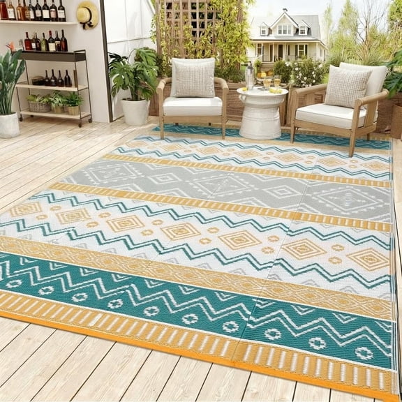 Yellow/Green 9x12 Outdoor Waterproof Reversible Rug, Plastic Straw RV Mat, Stain-Resistant Indoor Outdoor Carpet for Patio, Deck, Balcony, Picnic & Beach