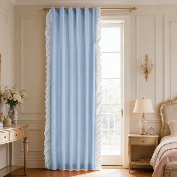 Hyknon Lace Ruffle Trim Curtains Drapes, French Princess Style Blackouts Curtains for Bedroom, Romantic Vintage Grommet Top Solid Drapes, Black Out Curtains for living Room Bedroom 79×35 Inch, Blue