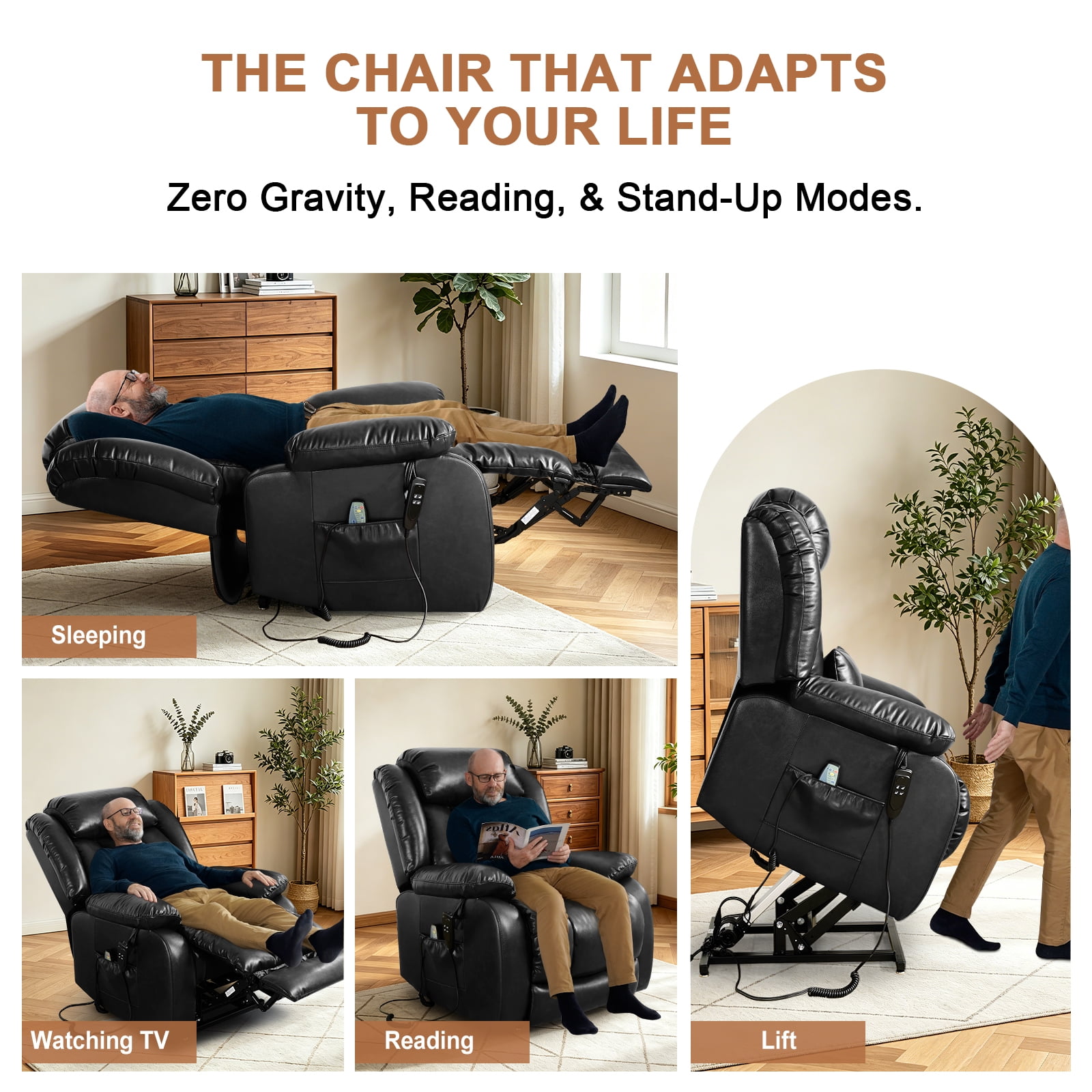TEKAMON Infinite Position Lift Recliner Chair for Elderly with Heat Massage and Extended Footrest Lay Flat Sleeping Leather Dual Motor Power Lift Chair for Living Room (Black)
