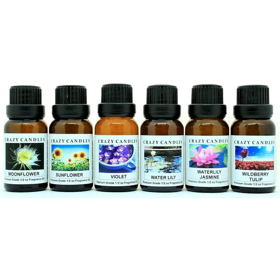 Crazy Candles 6 Bottle Set (Made in USA) Moonflower, Sunflower, Violet, Water Lily, Waterlily Jasmine, Wildberry Tulip 1/2 FL Oz Each (15ml) Premium Grade Scented Fragrance Oil