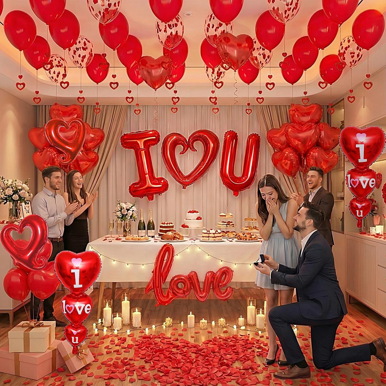 Valentines Day Balloon Kit, I Love You Balloons, Red Heart Balloons, Confetti Balloons with Rose Petals, Heart Hanging for Valentines Anniversary Day Wedding Romantic Decorations