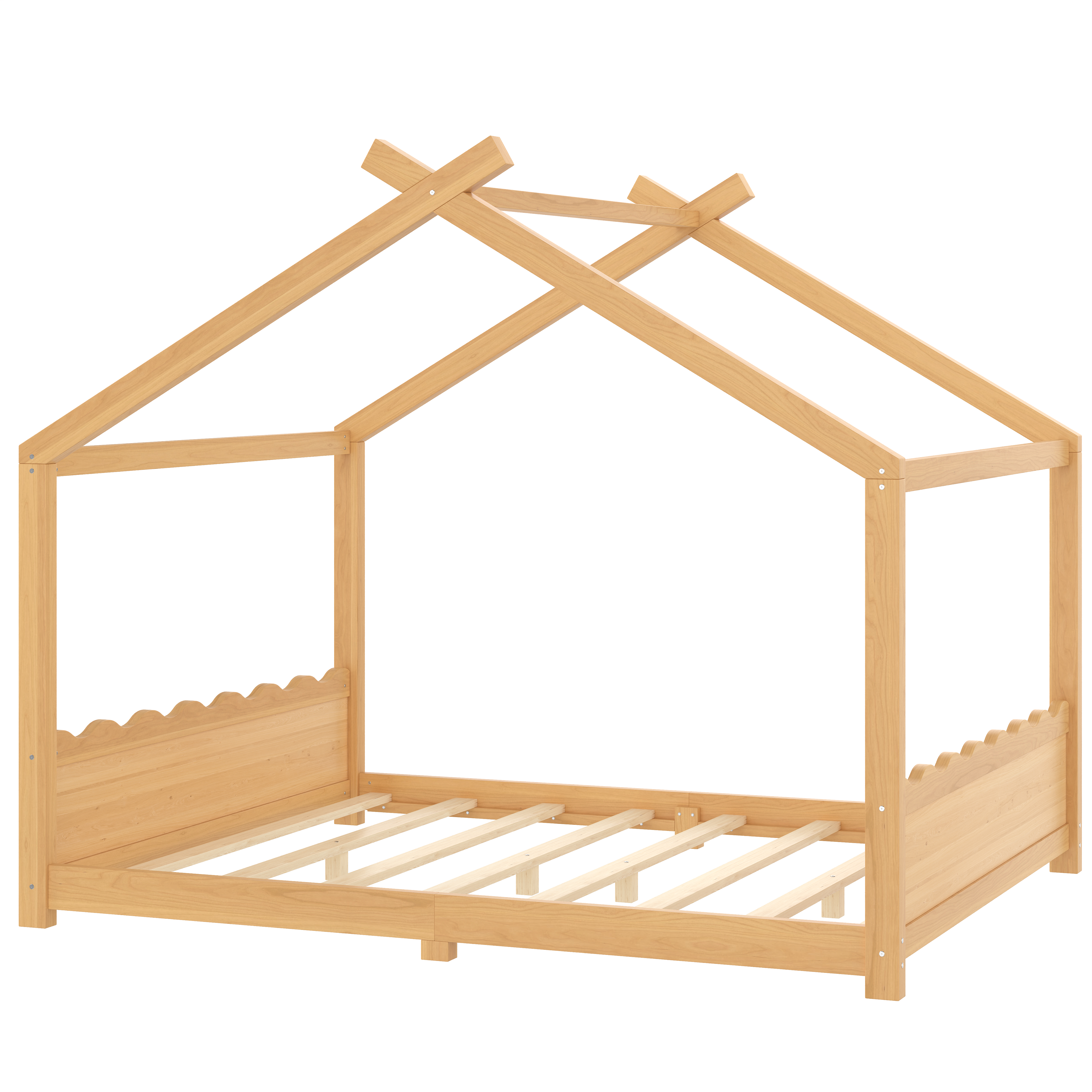 Yoneston Queen House Floor Bed with Roof, Solid Wood Platform Bed Frame with Opening Constructure for Kids, No Box Spring Needed, Natural