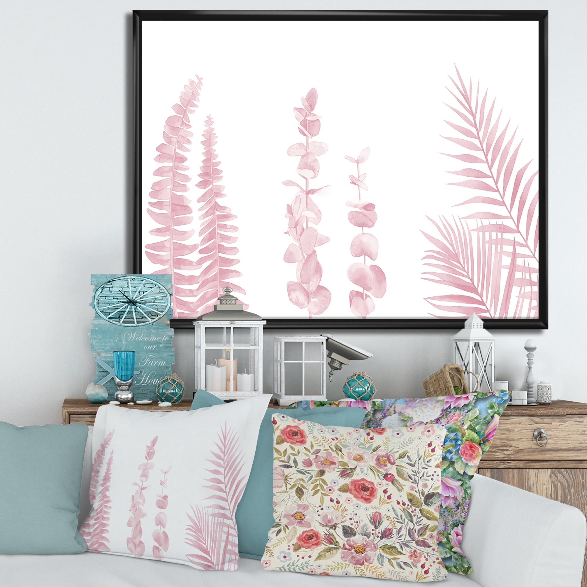 Designart 'Palm Branches and Blush Pinkeucalyptus' Shabby Chic Framed Canvas Wall Art Print