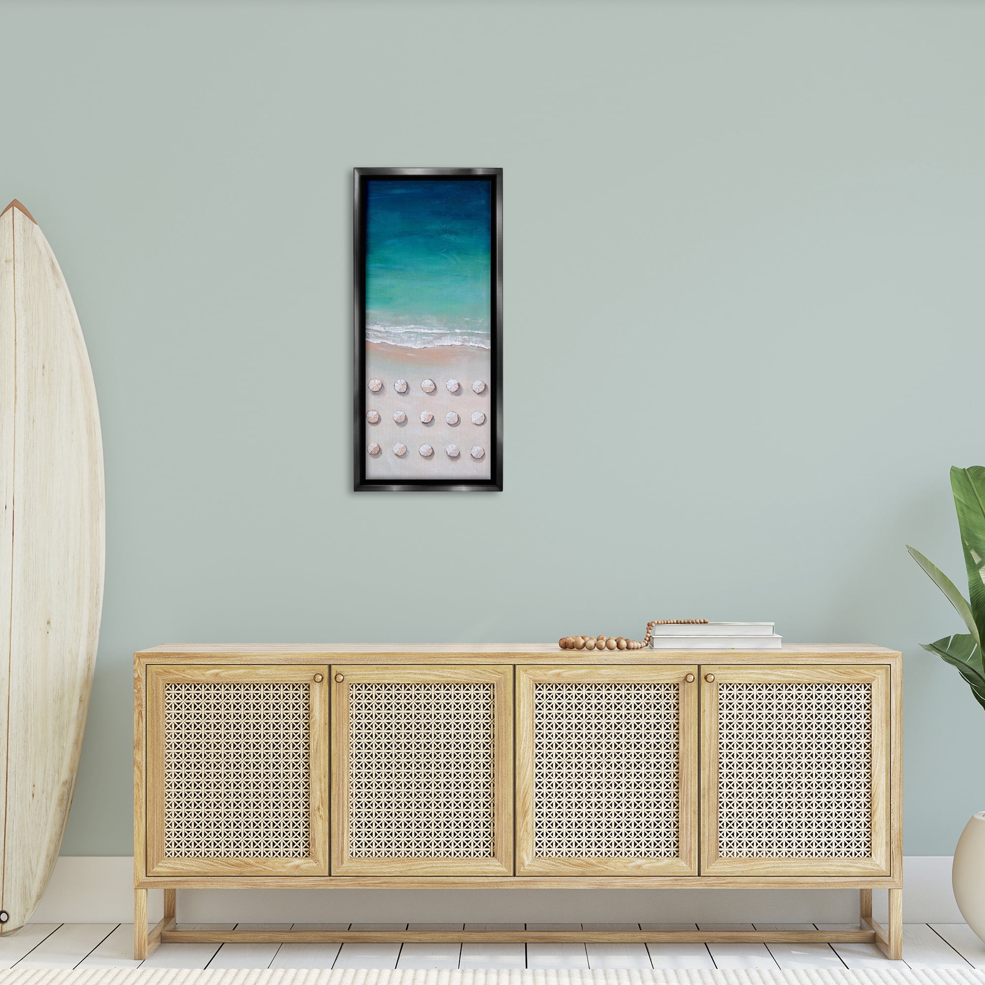 Stupell Industries Aerial Umbrellas on Beach Coast Nature Painting Black Floater Framed Canvas Art Print Wall Art, 15 x 31