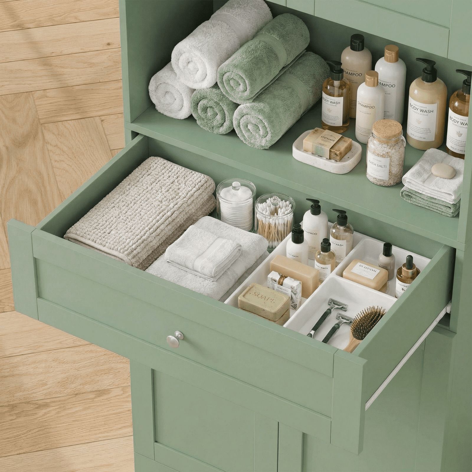 Homfa 67.5" Tall Modern Bathroom Storage Cabinet with Drawer, 4 Door Modern Freestanding Storage Cabinet Cupboard, Green