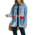 thumbnail image 3 of Women's Aztec Denim Jacket Button Down Shirt Jacket Color Stitching Denim Jean Jackets Shackets Orange S, 3 of 9
