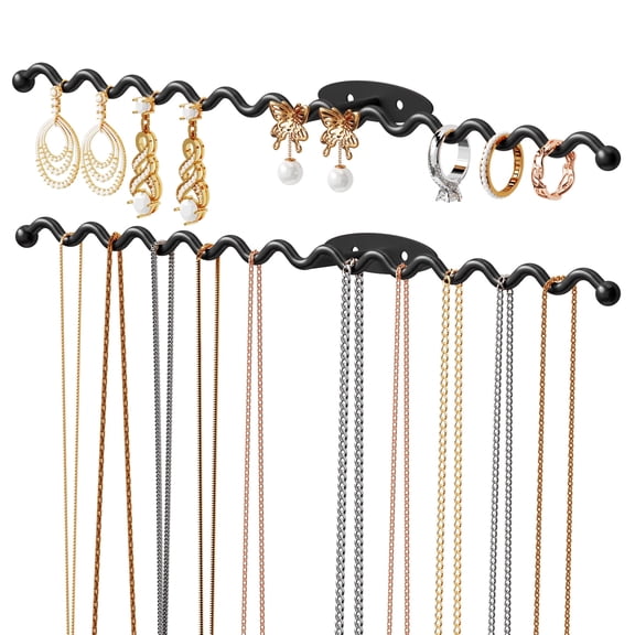NiHome Wall Mounted Metal Jewelry Organizer Racks for Necklaces, Earrings, Bracelets, Rings, Decorative Display Wave Design Storage Holders for Bedroom, Bathroom, Kitchen, Entryway (2-Pack, Black)