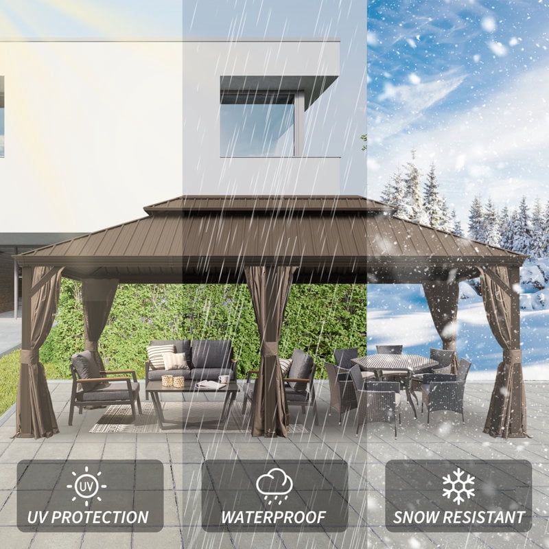TOTAL Ourdoor 20ft×14ft Hardtop Gazebo,Aluminum Frame Canopy Galvanized Steel with Double Roof,Curtain & Netting for Patio Deck Backyard, Brown