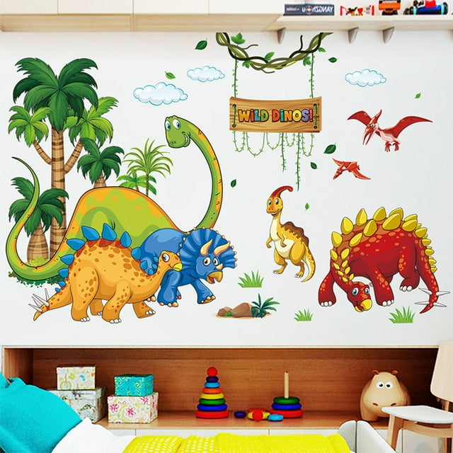 Adhesivos de pared con dibujos animados de dinosaurios, animales de la jungla, PVC, 30 x 90 cm