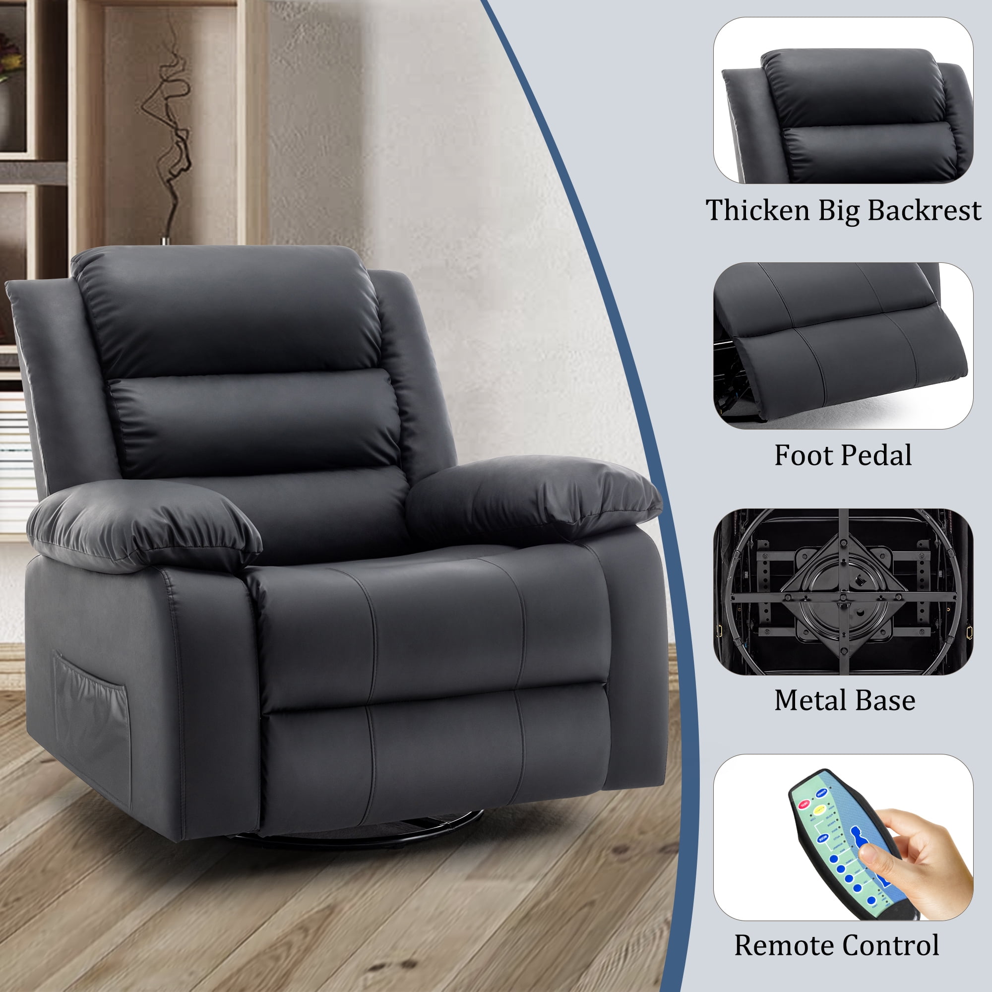 Korser Oversized Swivel Rocker Recliner Chair for Adults Faux Leather for Nursery Living Room,Black