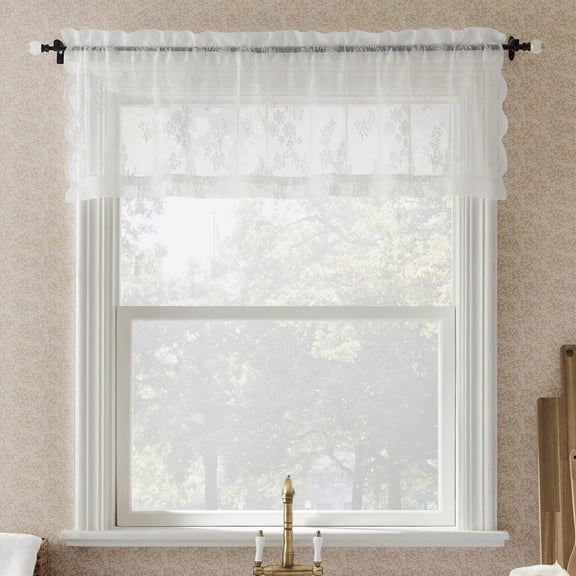 No. 918 Lillemor Vintage Floral Lace Sheer Rod Pocket Kitchen Curtain Valance, White, 50"W x 15"L (1 Panel)