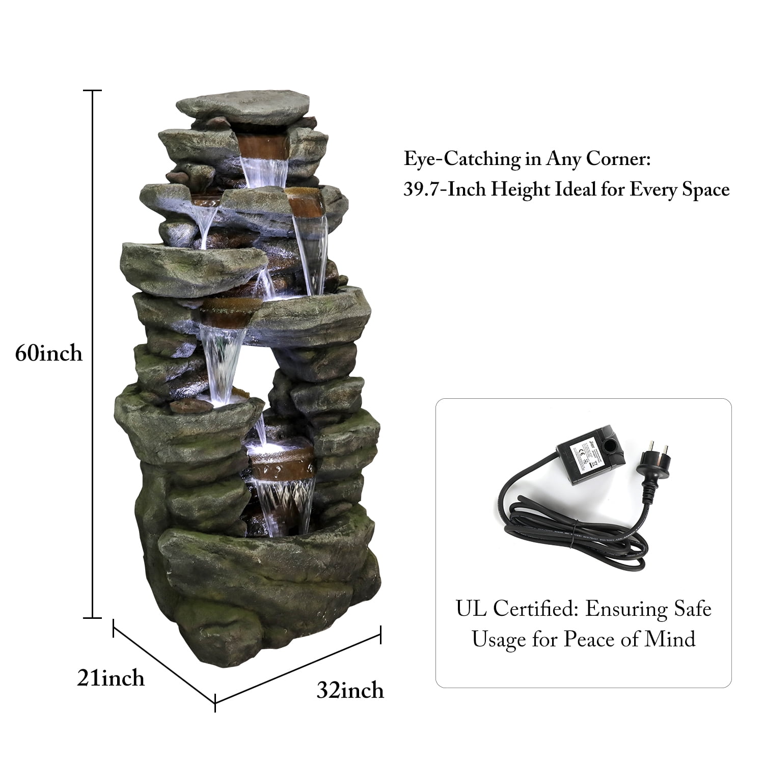 7-Tiers Rocks Outdoor Garden Water Fountain- 60" High Large Cascading Waterfall Floor Standing Water Features with LED Lights for Garden and Patio Decor