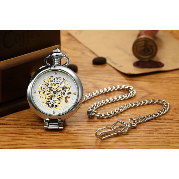 Vintage Skeleton Pocket Watch Mechanical Hand-Winding Chain Silver Hollow Mens