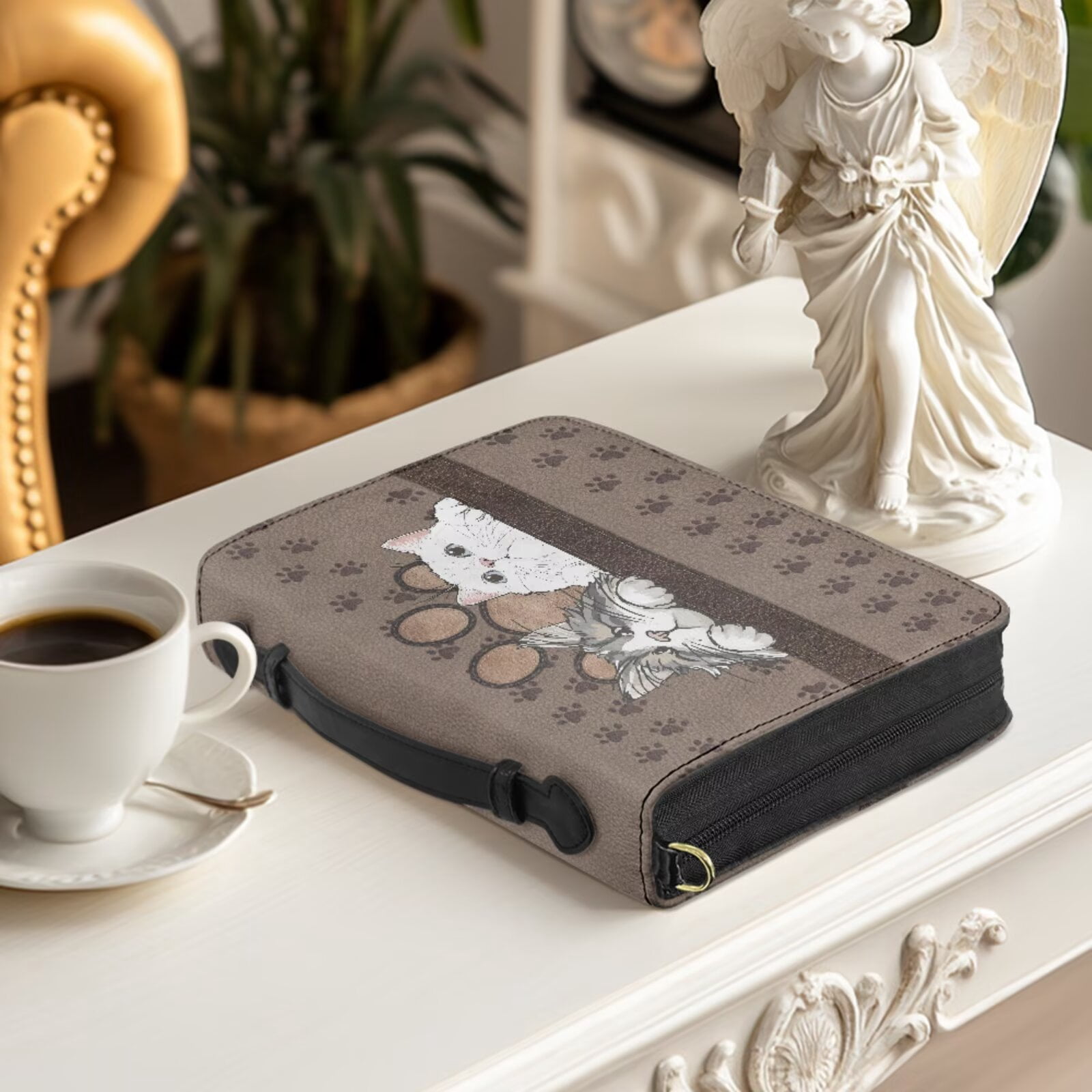 Kuiaobaty Cute Cat Paw Print Bible Bag for Women Men Leather Carrying Book Case with Bookmark Christian Women Bible Study Accessories with Handle for Church, Brown