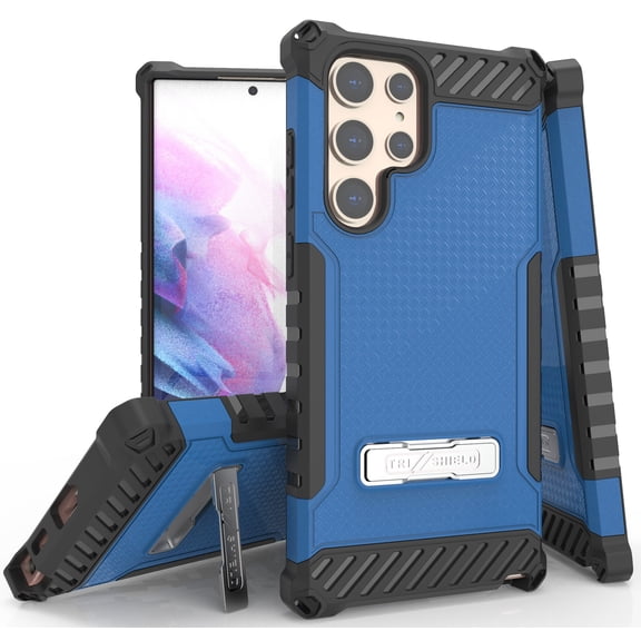 Tri-Shield Series for Samsung Galaxy S22 Ultra 5G Case, Tri-Shield [Military Grade] Rugged Cover with Metal Kickstand [Includes Wrist Strap Lanyard]