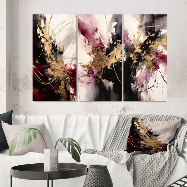Designart "Fluid Fusion in Gold and Red I" Abstract Wall Art Set Of 3 - Gold Abstract Canvas Set For Living Room Decor