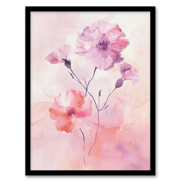 Artery8 Carnation Flowers Watercolour Pink Pastel Modern Living Room Art Print Framed Poster Wall Decor 12x16 inch