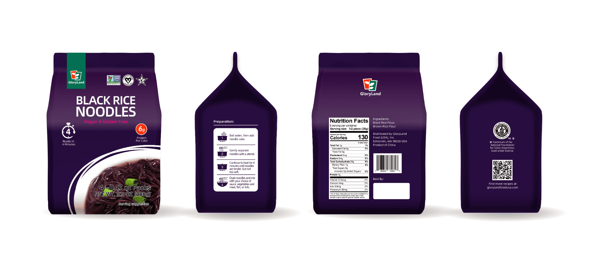 GloryLand Black Rice Noodles (6 Bags) Gluten Free & Only Two Ingredients, No Additives
