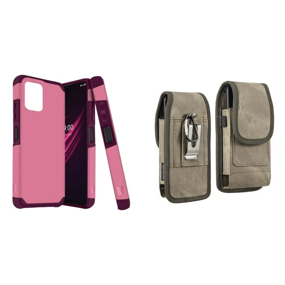 Case and Pouch Bundle for REVVL 6 5G: Dual Layer Slim Case (Pink Wine) and Vertical Rugged Denim Nylon Belt Holster (Brown)