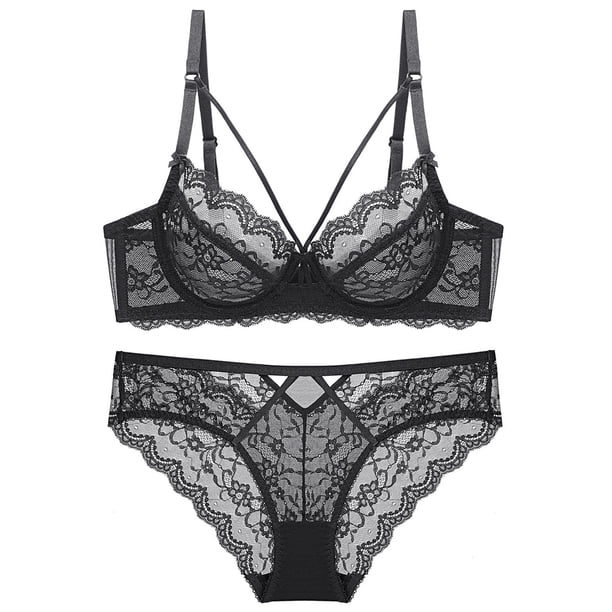 Gibobby Conjuntos de bragas de encaje Conjunto de ropa interior cómoda y transpirable de encaje transparente transparente para mujer(Negro, 80B)