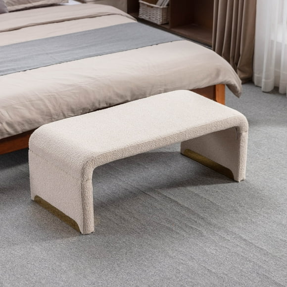 Boucle Fabric Loveseat Ottoman Footstool Bedroom Bench Shoe Bench with Gold Metal Legs, Beige