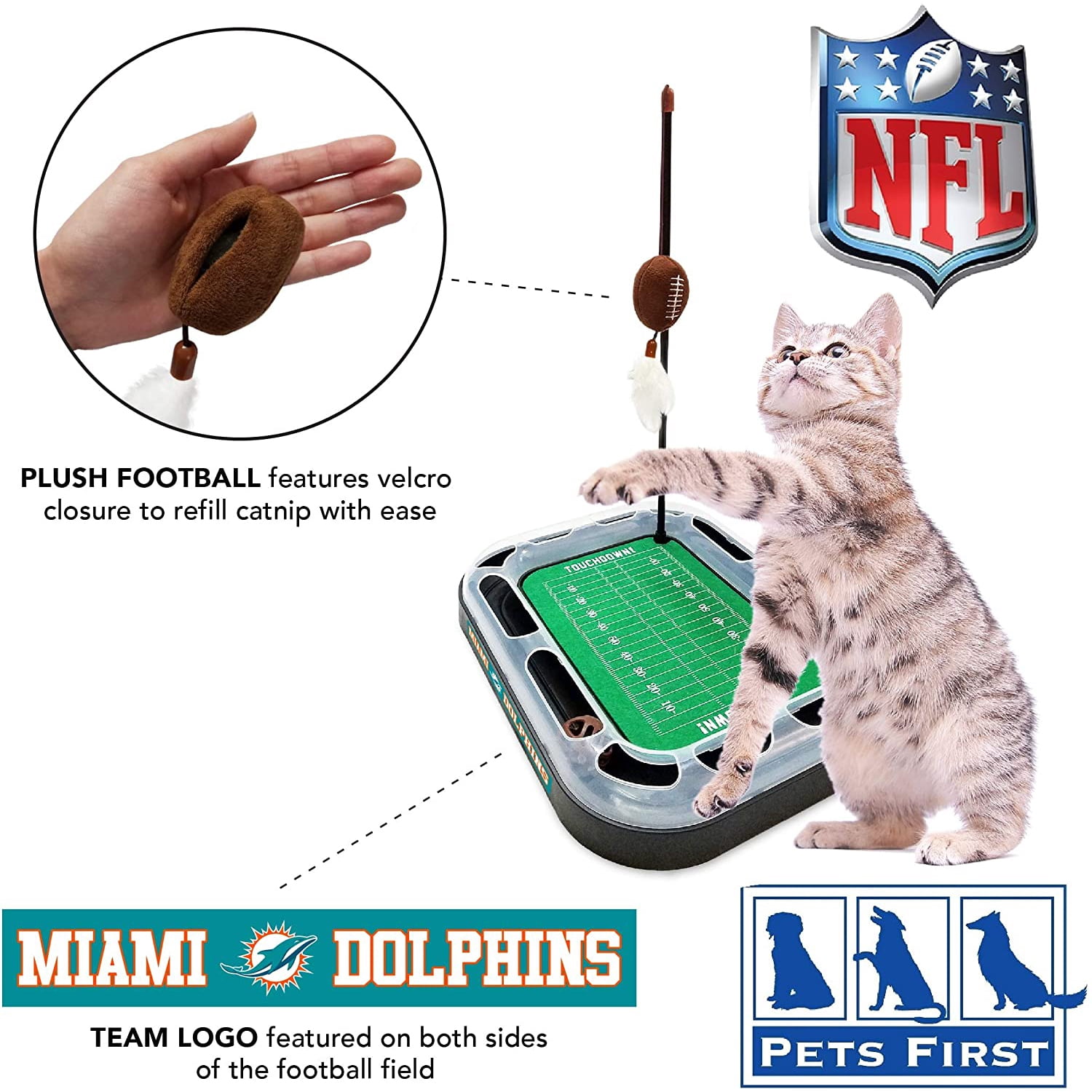 NFL Miami Dolphins CAT Scratcher Toy with Catnip Plush & Feather Cat and Kitty Toy
