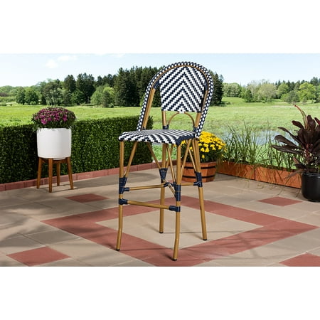 Bamboo Outdoor Furniture Australia Baxton Studio Ilene Classic French Indoor and Outdoor White and Blue Bamboo Style Stackable Bistro Bar Stool ()