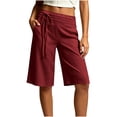 thumbnail image 3 of AHTJRT Tie Side Capri Pants for Women High Waist Knee Length Stretchy Breathable Summer Wide Leg Cotton Linen Capris with Pockets Wine XL, 3 of 9